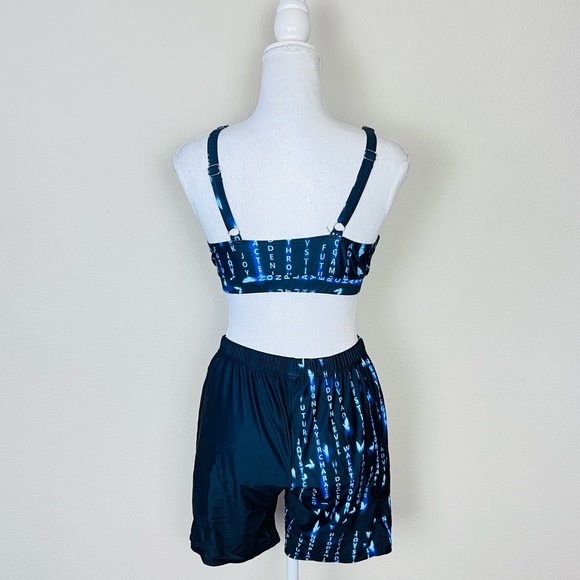 Blue Black Colorblock Matrix Futuristic Asymmetrical Crop Top & Biker Shorts Set - Picture 6 of 15